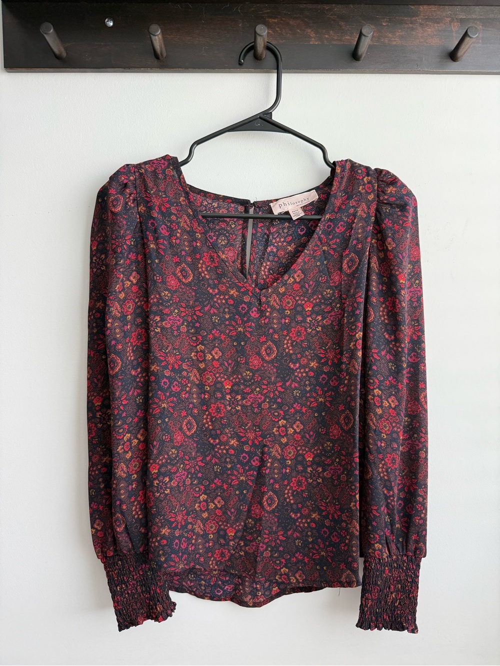 Philosophy Burgundy Floral V-Neck Smocked Cuff Blouse